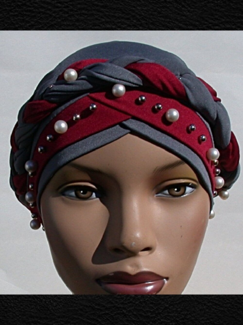Grey/Burgundy Instant Turban Trendy Cap Braided Pearl Bead Fashion  Headcover